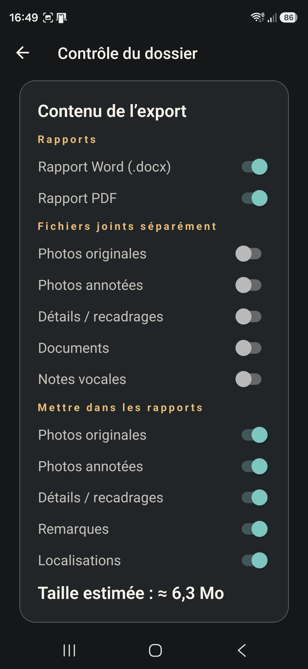 Capture réelle de MAVRYNE en français — Rapports, Fichiers joints séparément, Mettre dans les rapports