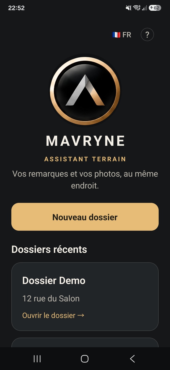 Capture réelle de MAVRYNE en français — ASSISTANT TERRAIN
